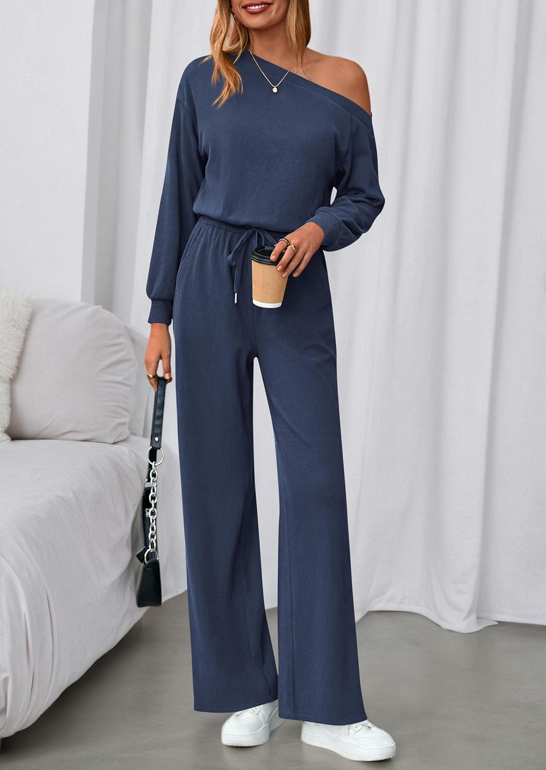 imagePRETTYGARDEN Long Sleeve Jumpsuit For Women Dressy 2026 Off Shoulder One Piece Loose Wide Leg Jumpsuits Casual Flowy RomperNavy