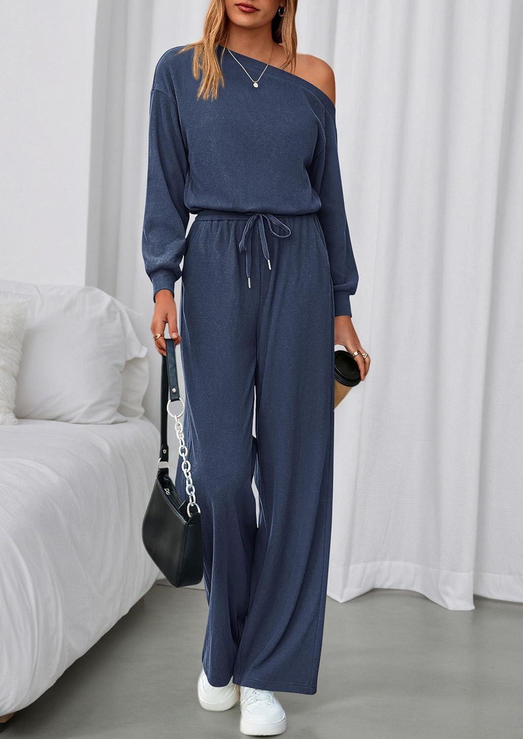 imagePRETTYGARDEN Long Sleeve Jumpsuit For Women Dressy 2026 Off Shoulder One Piece Loose Wide Leg Jumpsuits Casual Flowy RomperNavy