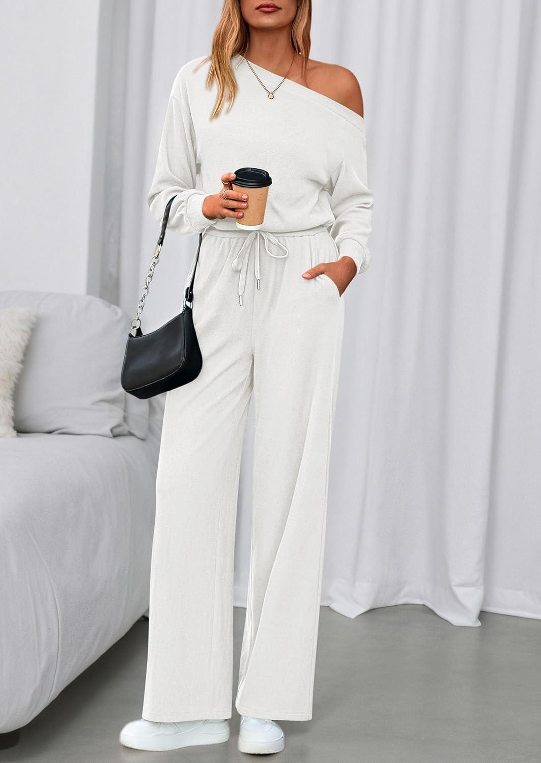 imagePRETTYGARDEN Long Sleeve Jumpsuit For Women Dressy 2026 Off Shoulder One Piece Loose Wide Leg Jumpsuits Casual Flowy RomperWhite
