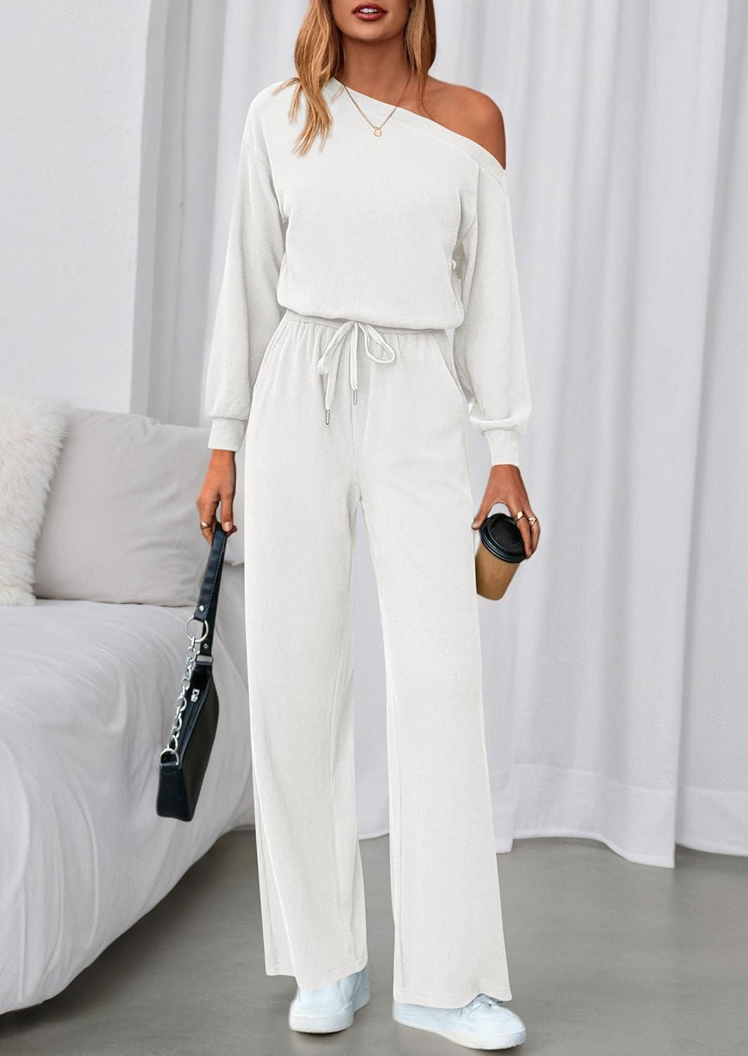 imagePRETTYGARDEN Long Sleeve Jumpsuit For Women Dressy 2026 Off Shoulder One Piece Loose Wide Leg Jumpsuits Casual Flowy RomperWhite