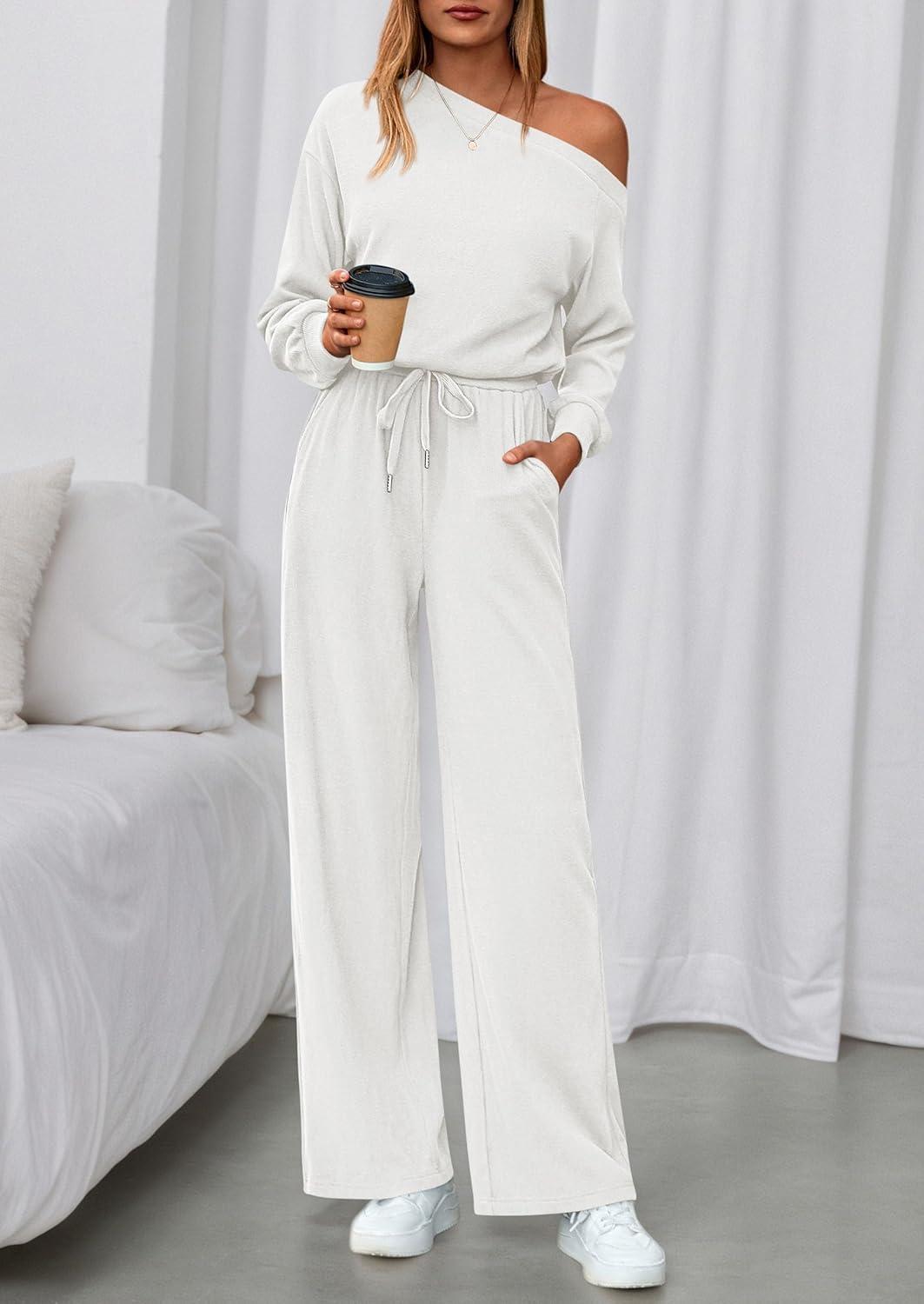 imagePRETTYGARDEN Long Sleeve Jumpsuit For Women Dressy 2026 Off Shoulder One Piece Loose Wide Leg Jumpsuits Casual Flowy RomperWhite
