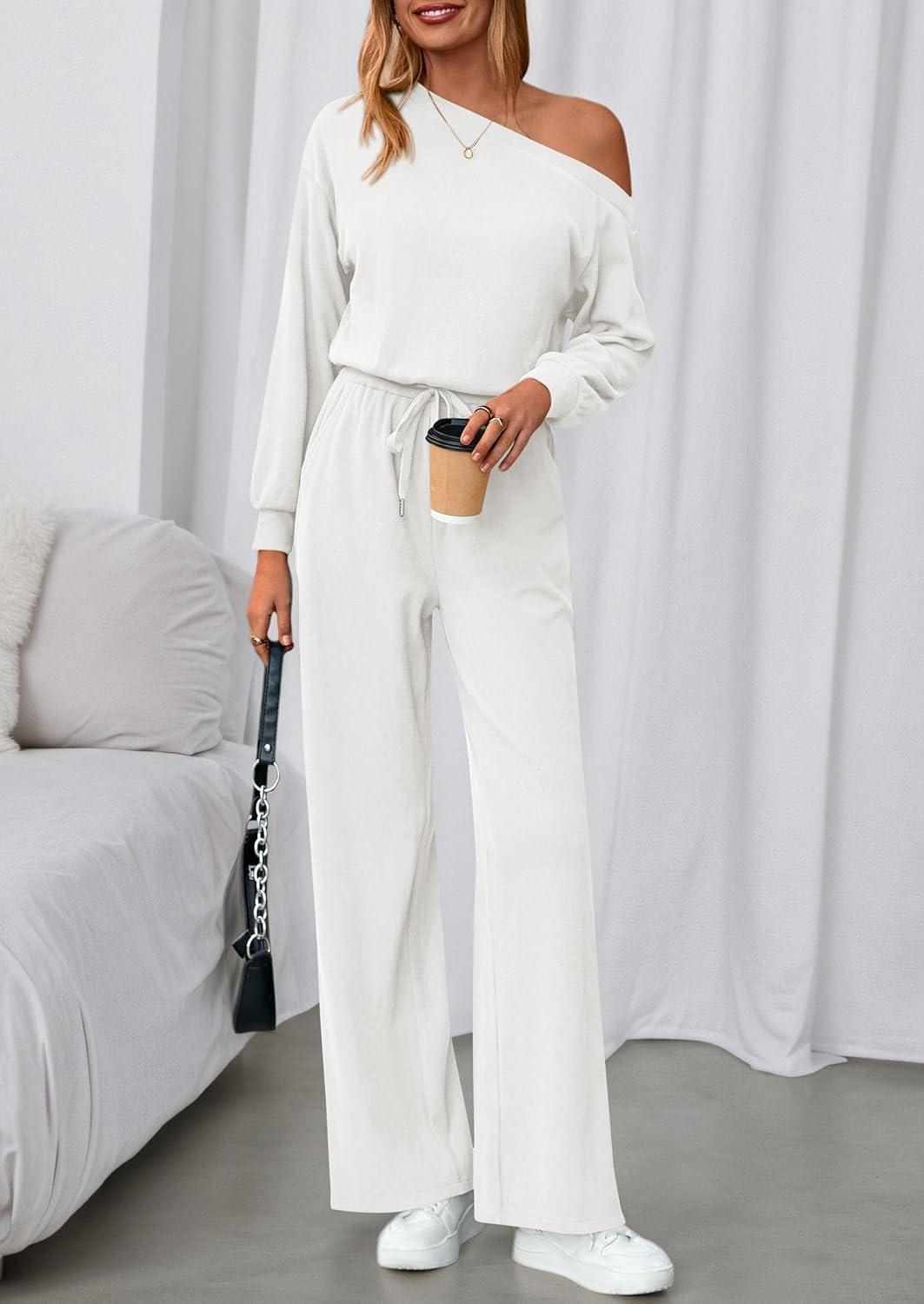 imagePRETTYGARDEN Long Sleeve Jumpsuit For Women Dressy 2026 Off Shoulder One Piece Loose Wide Leg Jumpsuits Casual Flowy RomperWhite