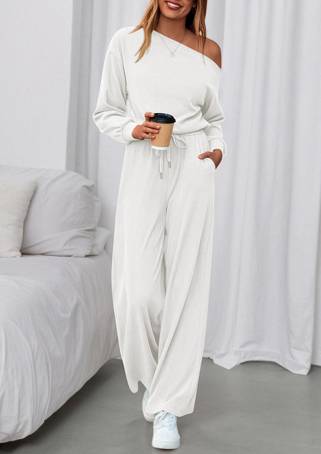 imagePRETTYGARDEN Long Sleeve Jumpsuit For Women Dressy 2026 Off Shoulder One Piece Loose Wide Leg Jumpsuits Casual Flowy RomperWhite