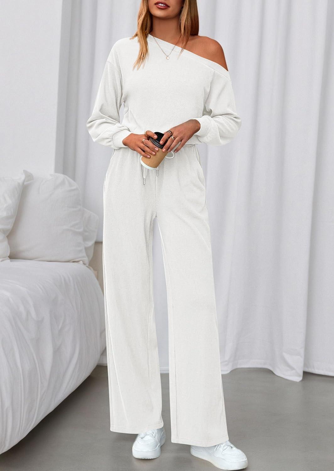imagePRETTYGARDEN Long Sleeve Jumpsuit For Women Dressy 2026 Off Shoulder One Piece Loose Wide Leg Jumpsuits Casual Flowy RomperWhite