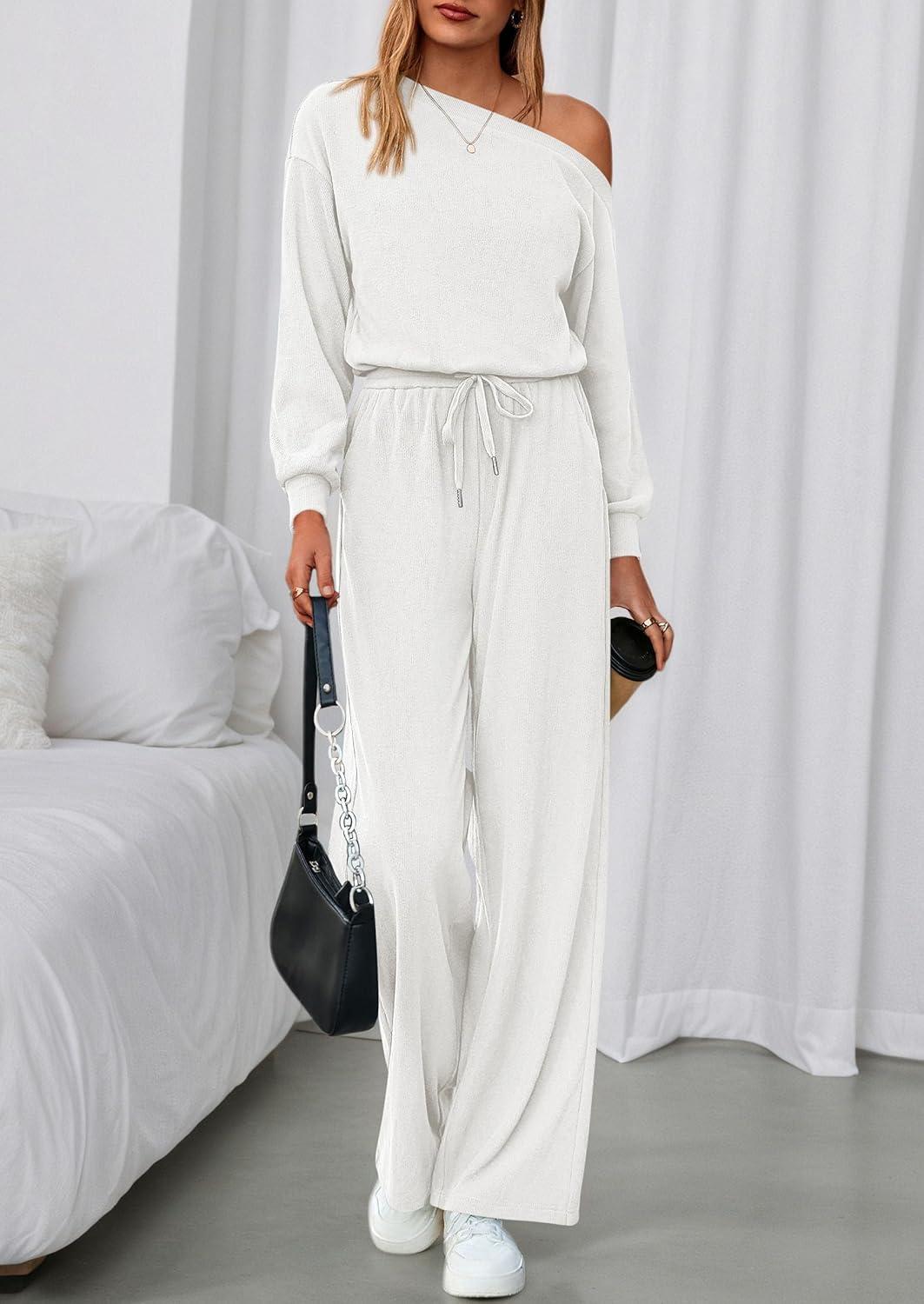 imagePRETTYGARDEN Long Sleeve Jumpsuit For Women Dressy 2026 Off Shoulder One Piece Loose Wide Leg Jumpsuits Casual Flowy RomperWhite
