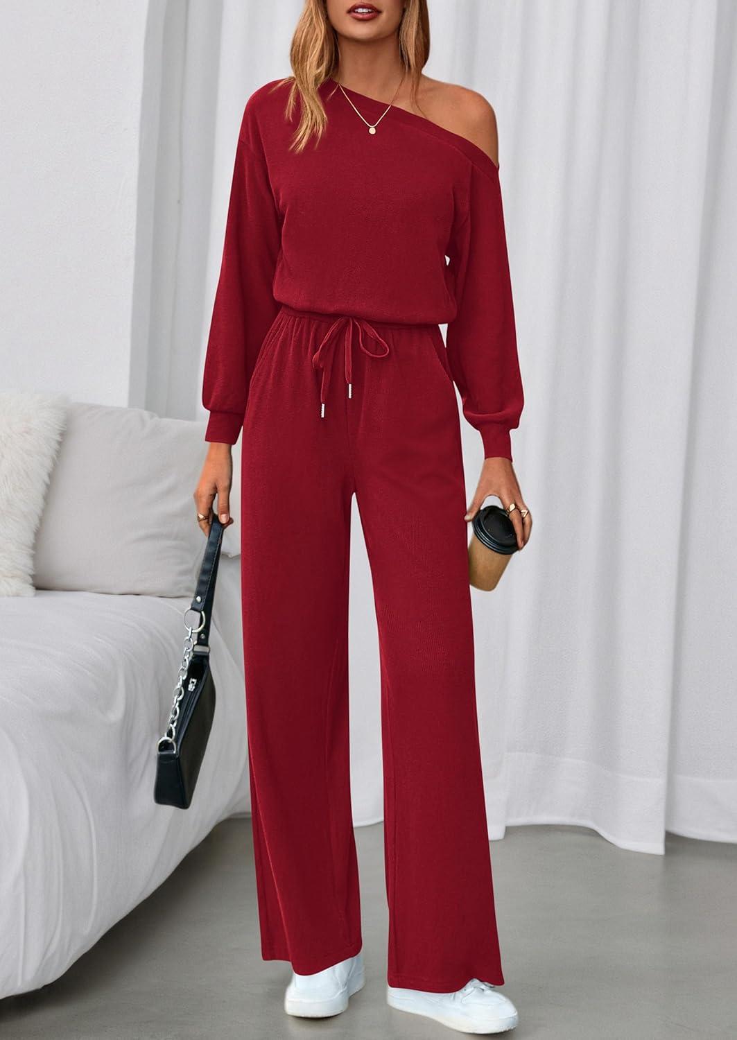 imagePRETTYGARDEN Long Sleeve Jumpsuit For Women Dressy 2026 Off Shoulder One Piece Loose Wide Leg Jumpsuits Casual Flowy RomperWine Red