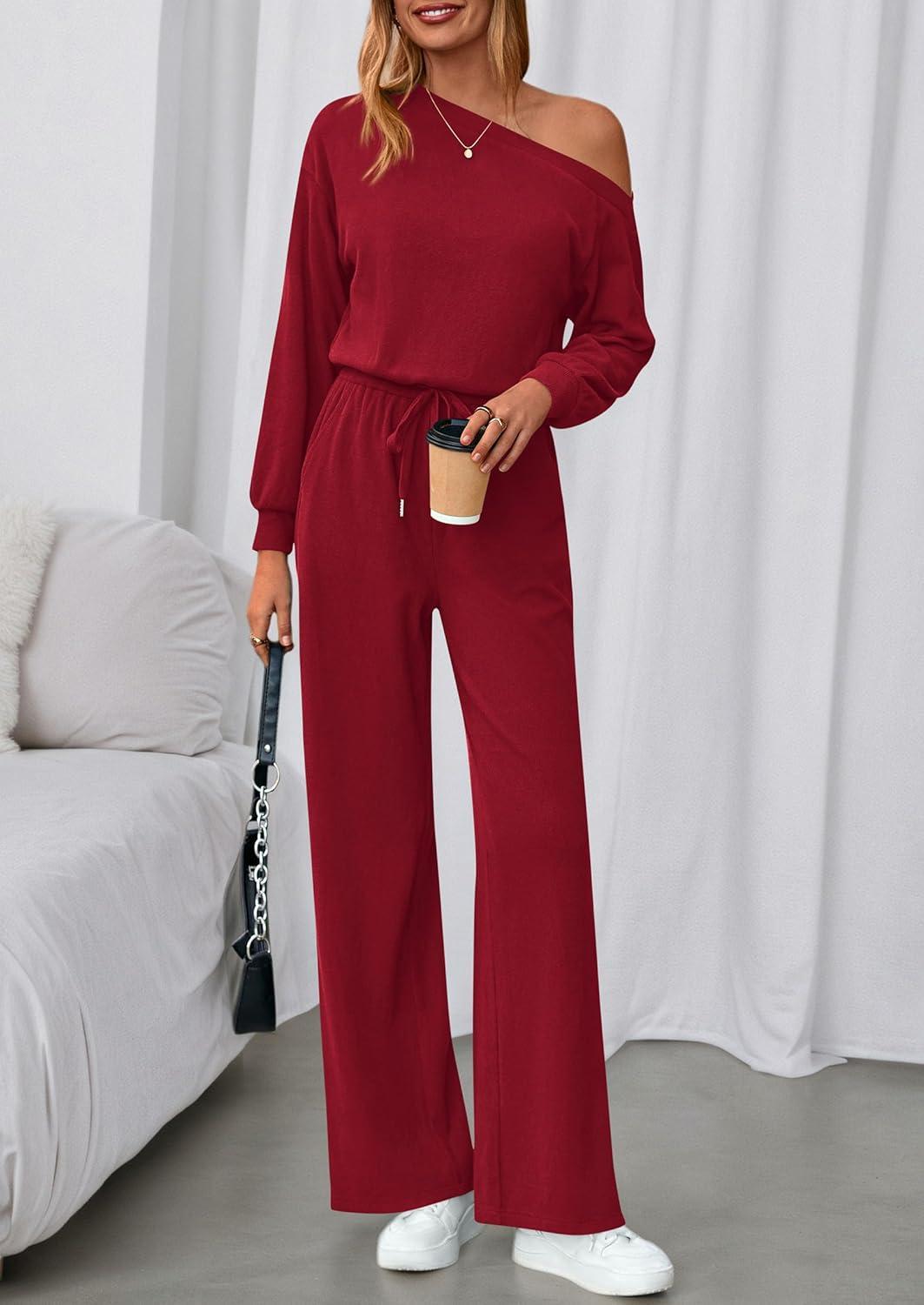 imagePRETTYGARDEN Long Sleeve Jumpsuit For Women Dressy 2026 Off Shoulder One Piece Loose Wide Leg Jumpsuits Casual Flowy RomperWine Red