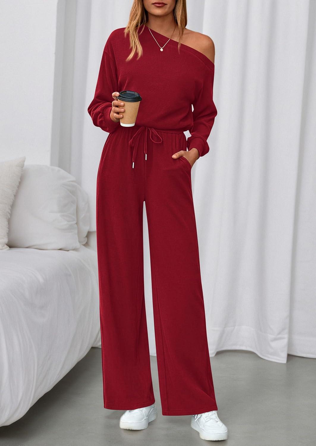 imagePRETTYGARDEN Long Sleeve Jumpsuit For Women Dressy 2026 Off Shoulder One Piece Loose Wide Leg Jumpsuits Casual Flowy RomperWine Red