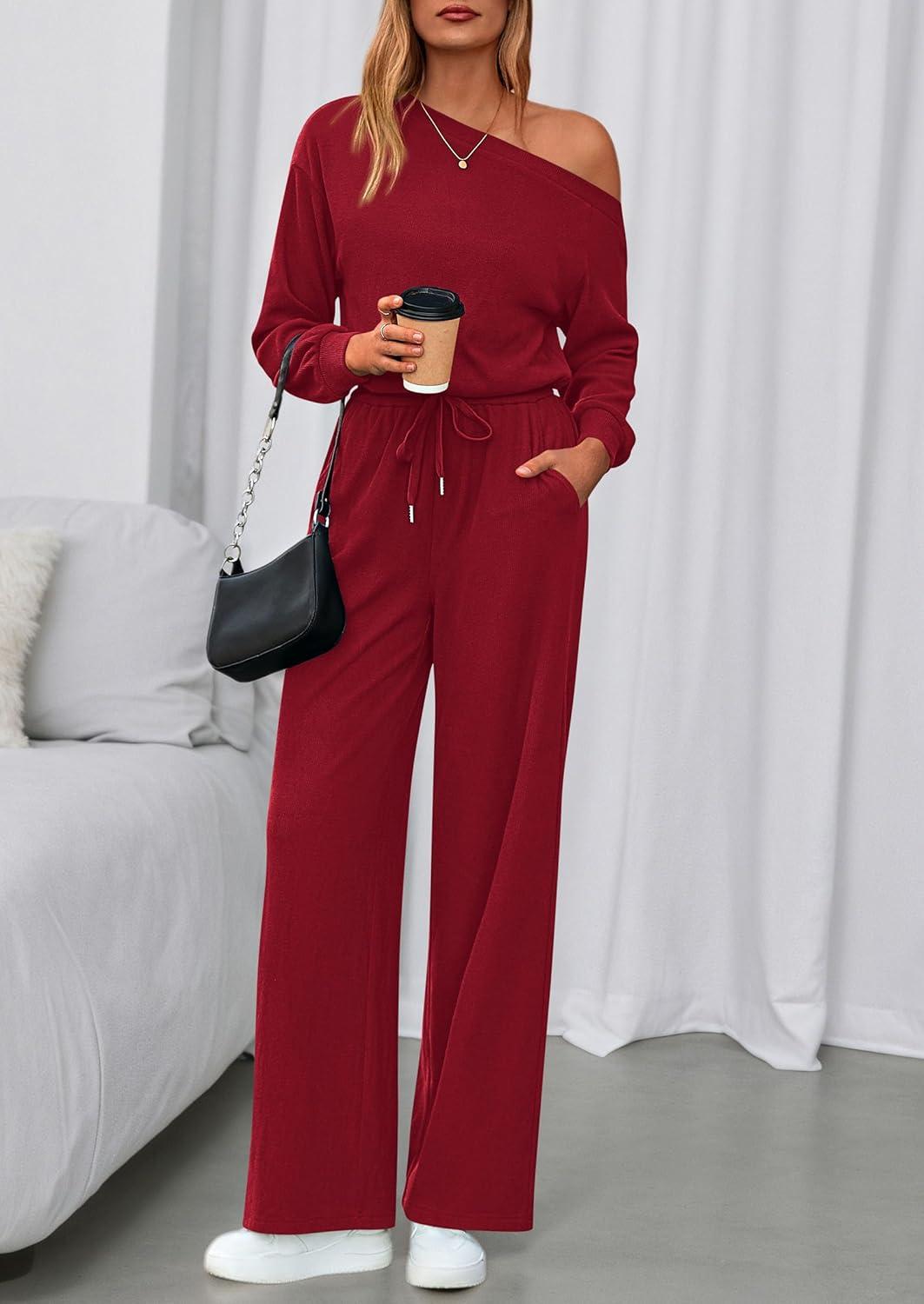 imagePRETTYGARDEN Long Sleeve Jumpsuit For Women Dressy 2026 Off Shoulder One Piece Loose Wide Leg Jumpsuits Casual Flowy RomperWine Red