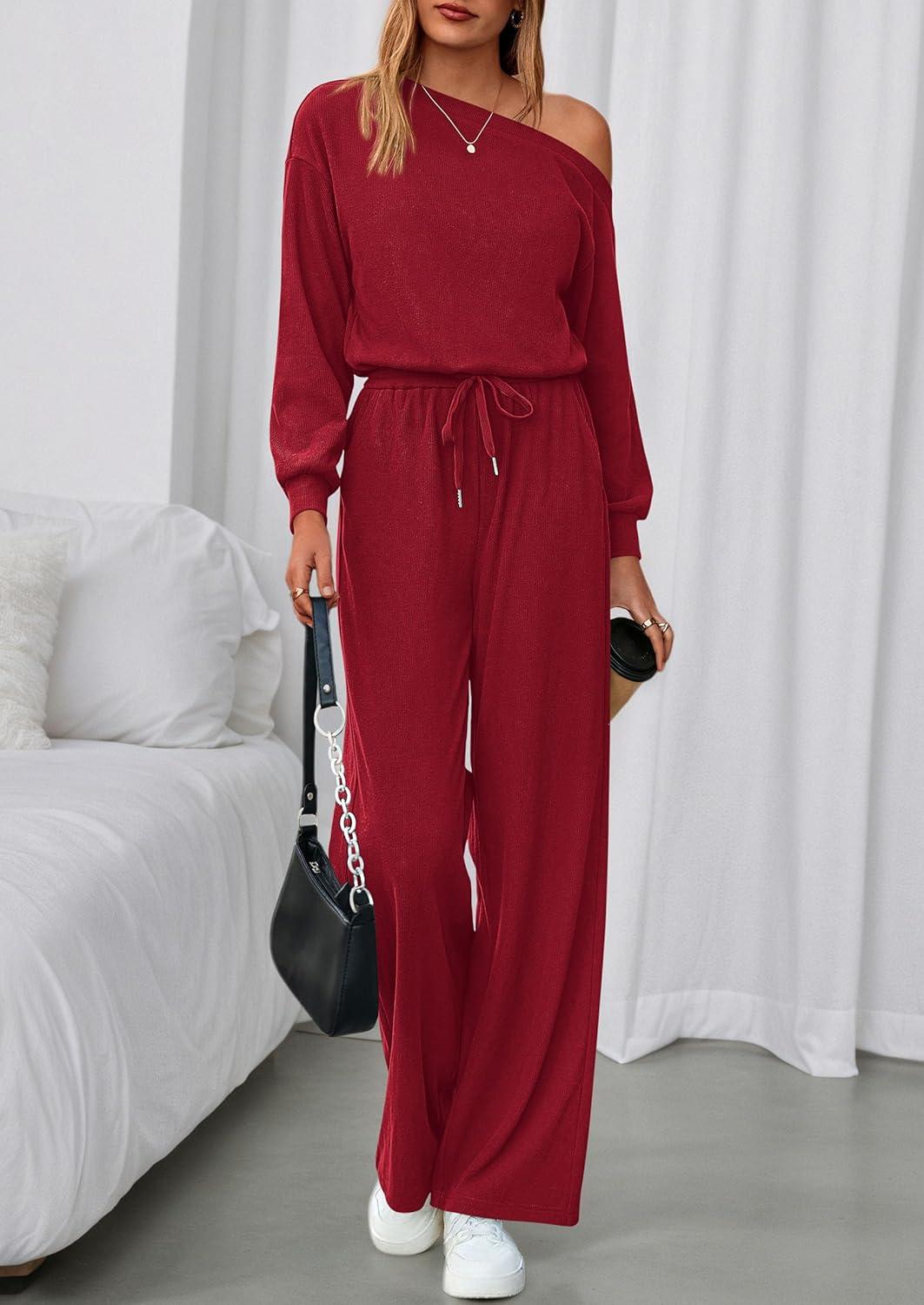 imagePRETTYGARDEN Long Sleeve Jumpsuit For Women Dressy 2026 Off Shoulder One Piece Loose Wide Leg Jumpsuits Casual Flowy RomperWine Red