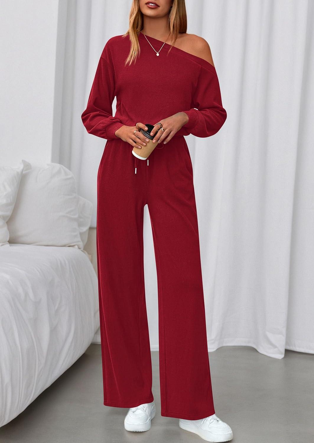 imagePRETTYGARDEN Long Sleeve Jumpsuit For Women Dressy 2026 Off Shoulder One Piece Loose Wide Leg Jumpsuits Casual Flowy RomperWine Red