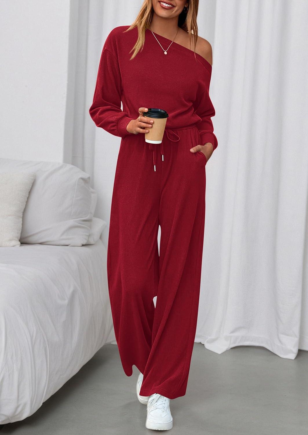 imagePRETTYGARDEN Long Sleeve Jumpsuit For Women Dressy 2026 Off Shoulder One Piece Loose Wide Leg Jumpsuits Casual Flowy RomperWine Red