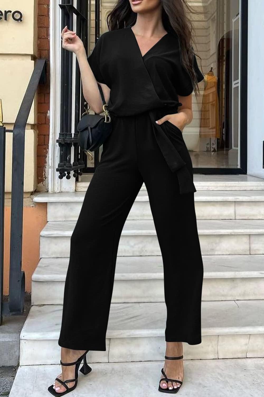 imagePRETTYGARDEN Womens One Piece Jumpsuits Dressy Casual Summer Short Sleeve Wrap V Neck Wide Leg Pants Romper Spring Clothes