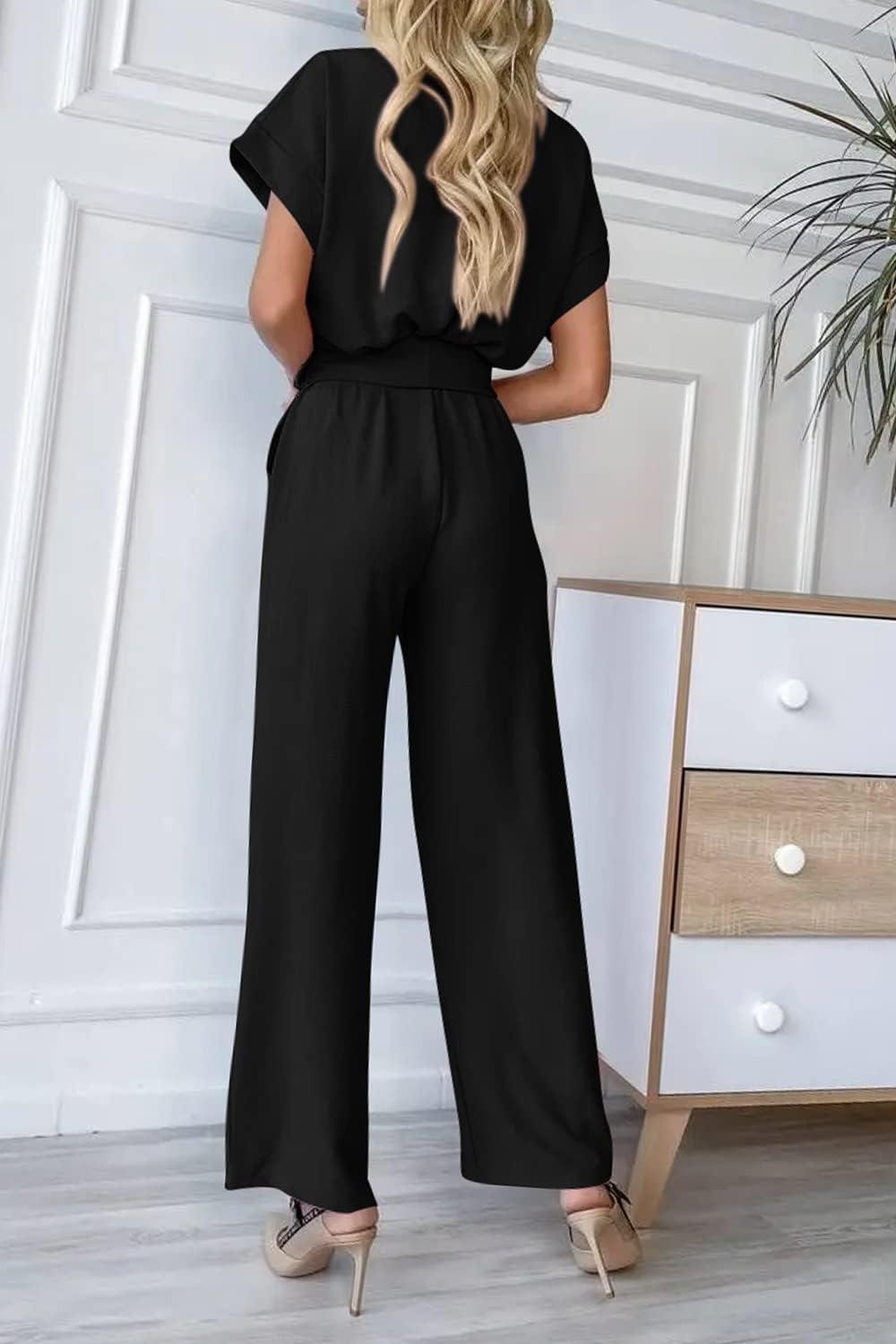 imagePRETTYGARDEN Womens One Piece Jumpsuits Dressy Casual Summer Short Sleeve Wrap V Neck Wide Leg Pants Romper Spring Clothes
