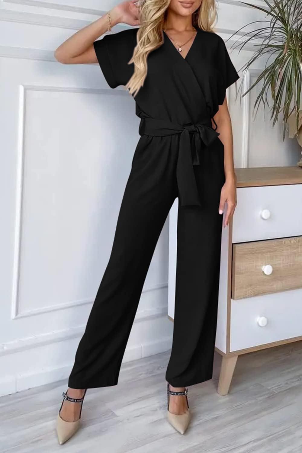 imagePRETTYGARDEN Womens One Piece Jumpsuits Dressy Casual Summer Short Sleeve Wrap V Neck Wide Leg Pants Romper Spring Clothes