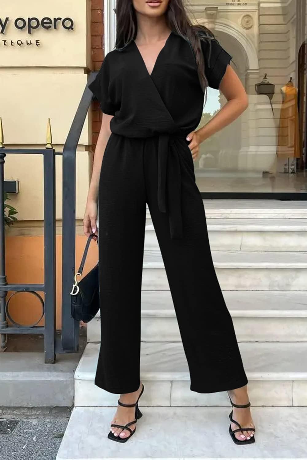 imagePRETTYGARDEN Womens One Piece Jumpsuits Dressy Casual Summer Short Sleeve Wrap V Neck Wide Leg Pants Romper Spring Clothes