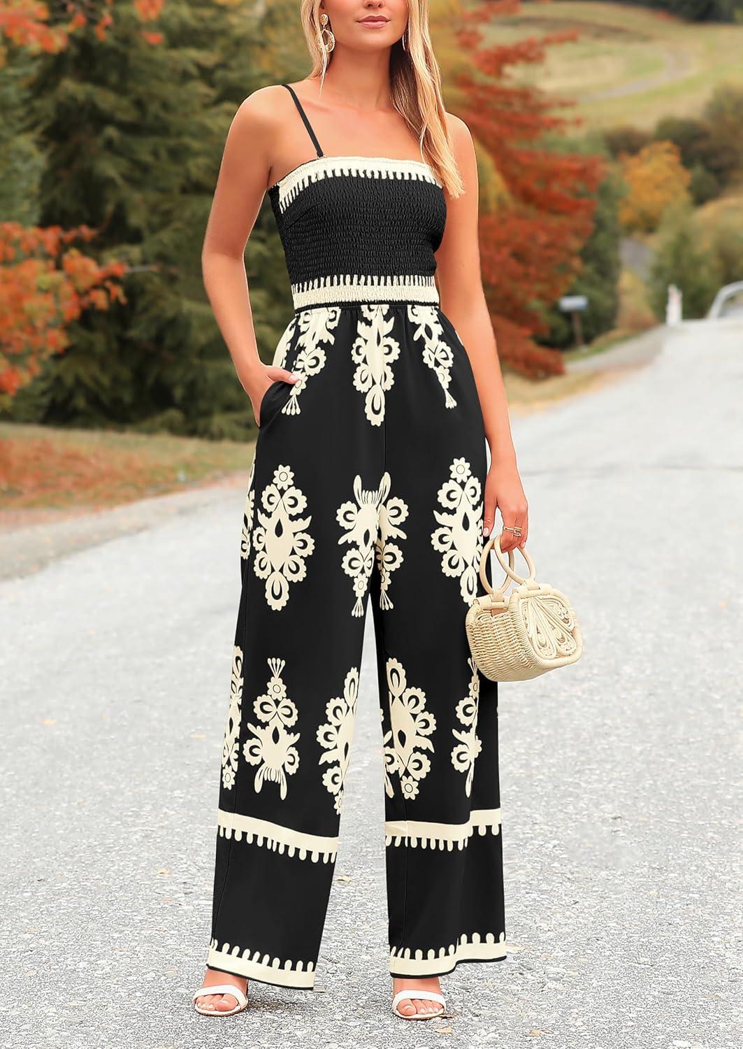imagePRETTYGARDEN Womens Summer Boho Jumpsuits One Piece Beach Vacation Outfits Spaghetti Strap Wide Leg Pants RompersBlack