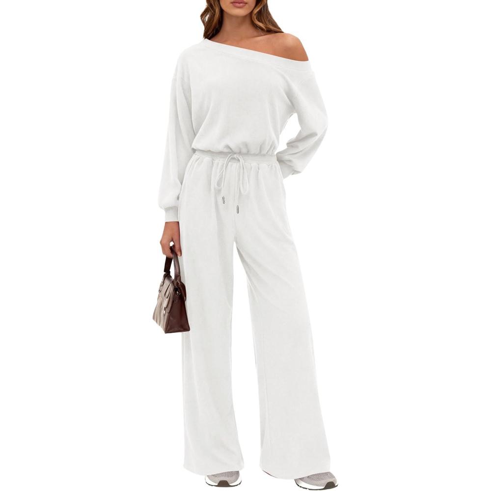 imagePRETTYGARDEN Long Sleeve Jumpsuit For Women Dressy 2026 Off Shoulder One Piece Loose Wide Leg Jumpsuits Casual Flowy RomperWhite