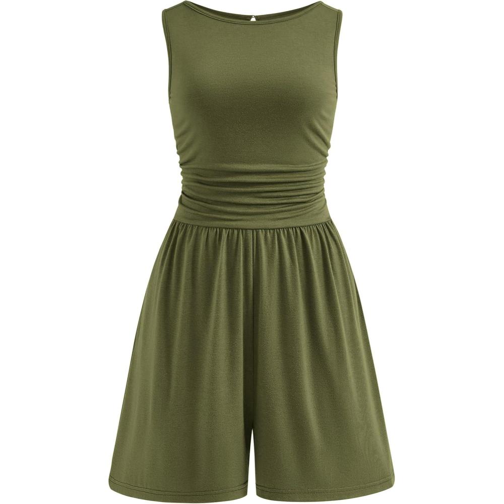 imagePRETTYGARDEN Summer Rompers for Women 2026 Dressy Casual Sleeveless Short Wide Leg Jumpsuits Beach Vacation One Piece OutfitsArmy Green