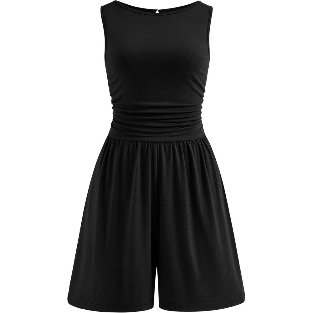 imagePRETTYGARDEN Summer Rompers for Women 2026 Dressy Casual Sleeveless Short Wide Leg Jumpsuits Beach Vacation One Piece OutfitsBlack