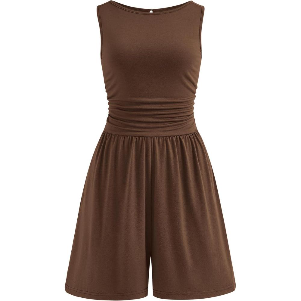 imagePRETTYGARDEN Summer Rompers for Women 2026 Dressy Casual Sleeveless Short Wide Leg Jumpsuits Beach Vacation One Piece OutfitsBrown