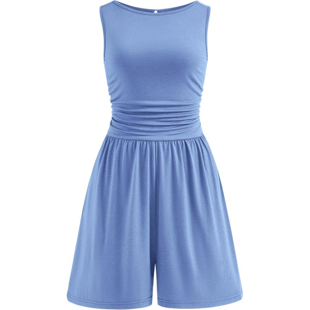 imagePRETTYGARDEN Summer Rompers for Women 2026 Dressy Casual Sleeveless Short Wide Leg Jumpsuits Beach Vacation One Piece OutfitsLight Blue