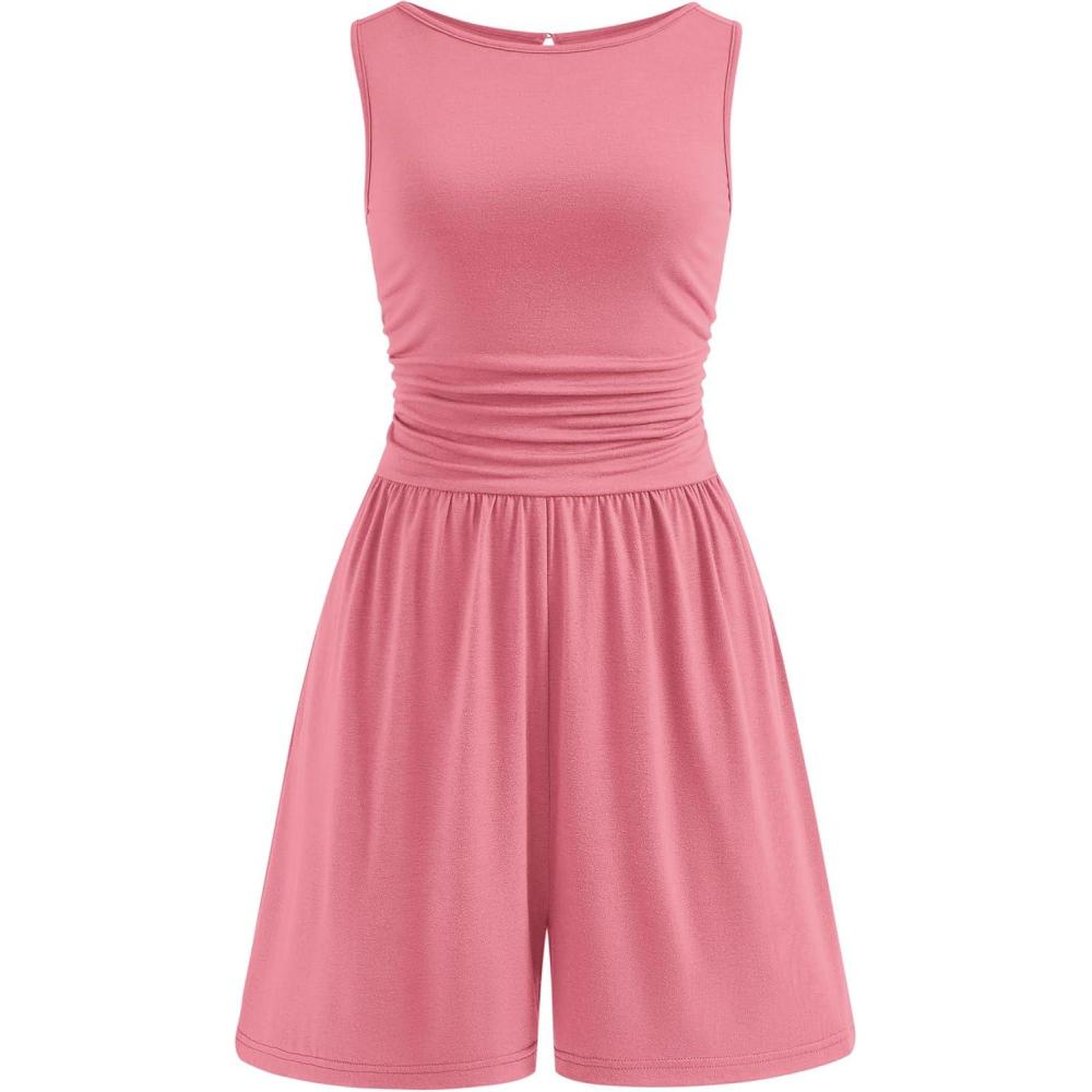 imagePRETTYGARDEN Summer Rompers for Women 2026 Dressy Casual Sleeveless Short Wide Leg Jumpsuits Beach Vacation One Piece OutfitsPink