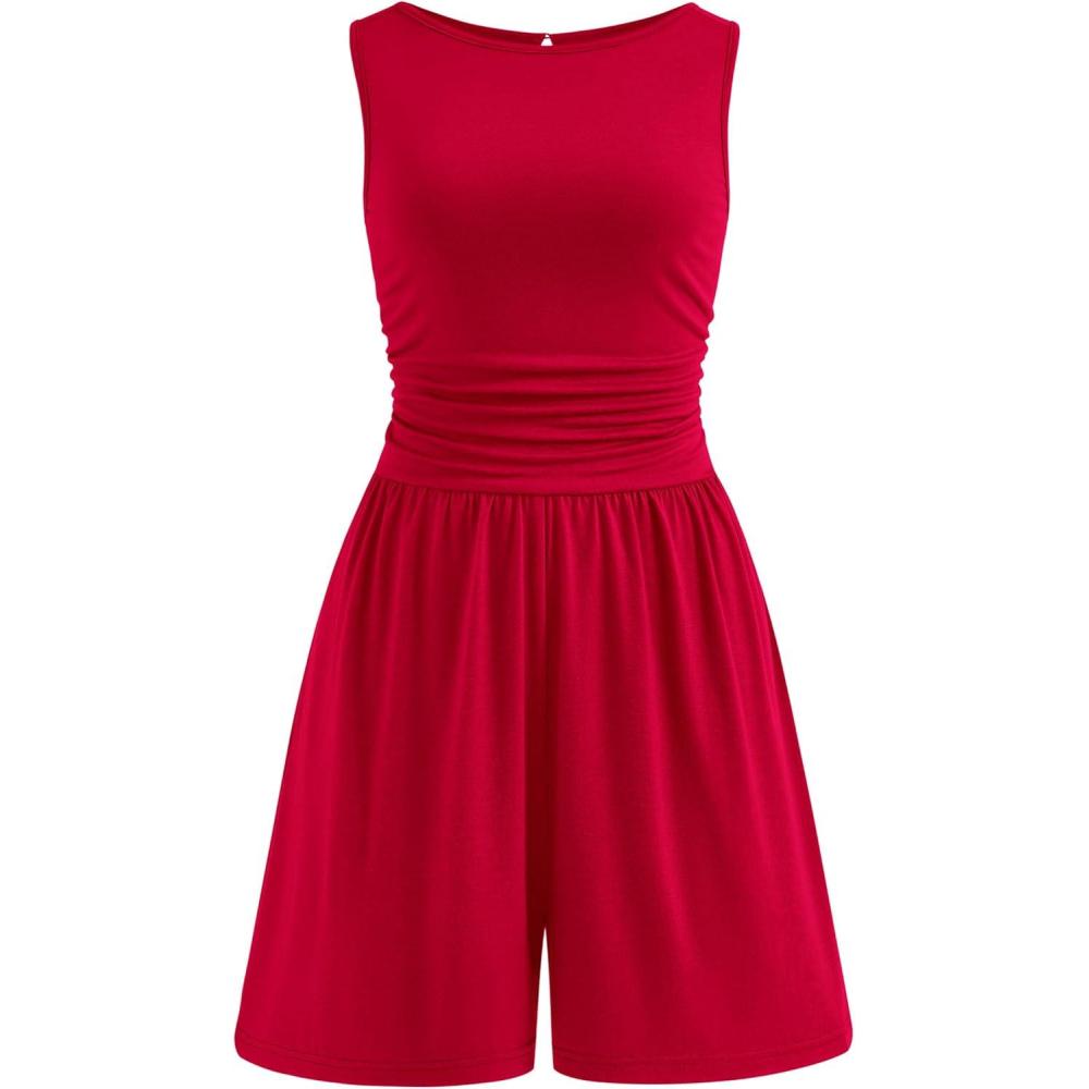 imagePRETTYGARDEN Summer Rompers for Women 2026 Dressy Casual Sleeveless Short Wide Leg Jumpsuits Beach Vacation One Piece OutfitsRed