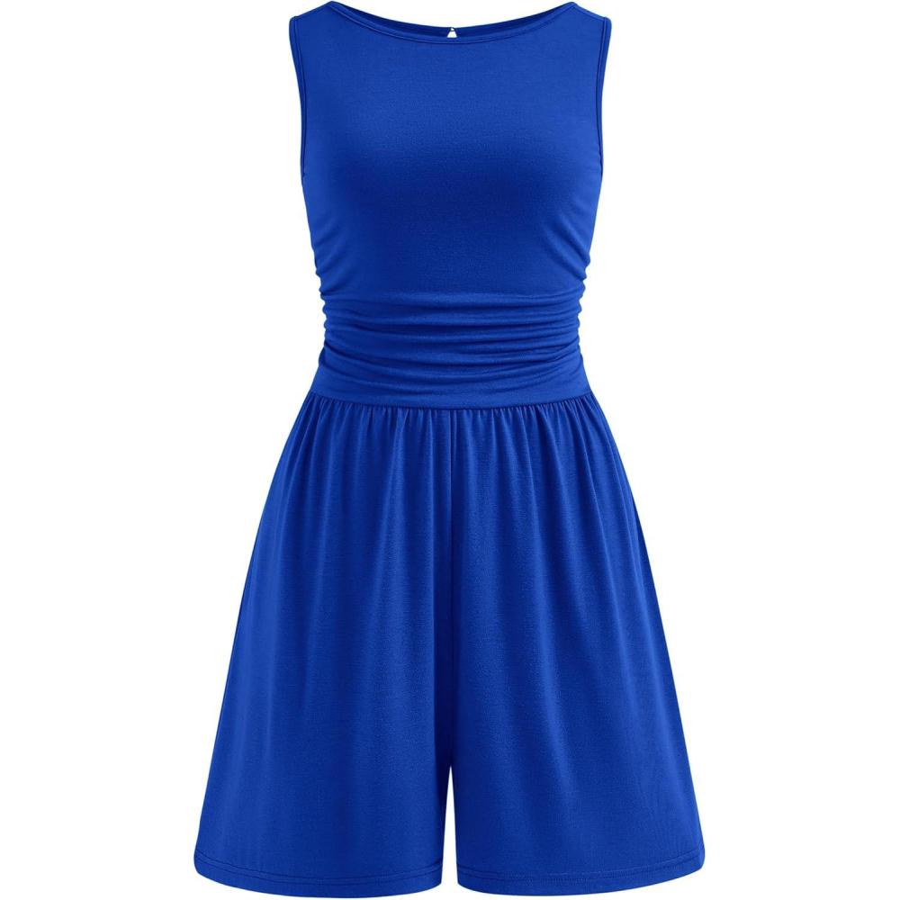 imagePRETTYGARDEN Summer Rompers for Women 2026 Dressy Casual Sleeveless Short Wide Leg Jumpsuits Beach Vacation One Piece OutfitsRoyal Blue