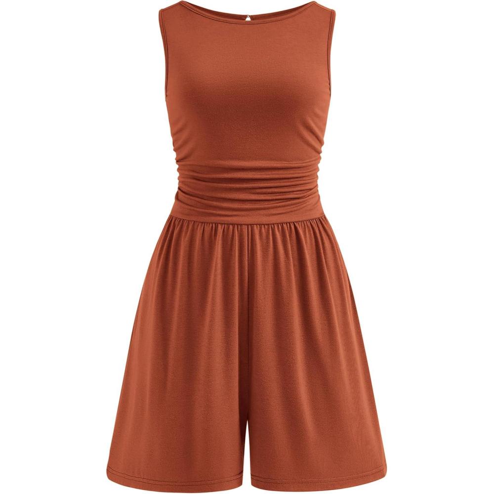 imagePRETTYGARDEN Summer Rompers for Women 2026 Dressy Casual Sleeveless Short Wide Leg Jumpsuits Beach Vacation One Piece OutfitsRust