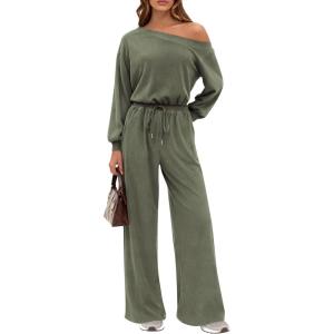 PRETTYGARDEN Long Sleeve Jumpsuit For Women Dressy 2026 Off Shoulder One Piece Loose Wide Leg Jumpsuits Casual Flowy Romper(Bean Green)