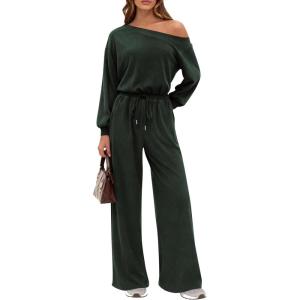 PRETTYGARDEN Long Sleeve Jumpsuit For Women Dressy 2026 Off Shoulder One Piece Loose Wide Leg Jumpsuits Casual Flowy Romper(Dark Army Green)