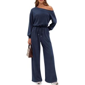 PRETTYGARDEN Long Sleeve Jumpsuit For Women Dressy 2026 Off Shoulder One Piece Loose Wide Leg Jumpsuits Casual Flowy Romper(Navy)