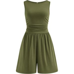 PRETTYGARDEN Summer Rompers for Women 2026 Dressy Casual Sleeveless Short Wide Leg Jumpsuits Beach Vacation One Piece Outfits(Army Green)