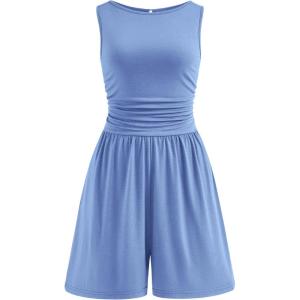 PRETTYGARDEN Summer Rompers for Women 2026 Dressy Casual Sleeveless Short Wide Leg Jumpsuits Beach Vacation One Piece Outfits(Light Blue)