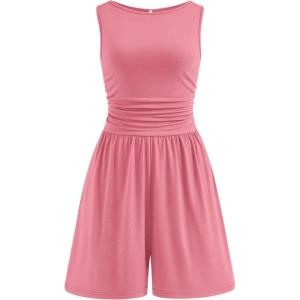 PRETTYGARDEN Summer Rompers for Women 2026 Dressy Casual Sleeveless Short Wide Leg Jumpsuits Beach Vacation One Piece Outfits(Pink)