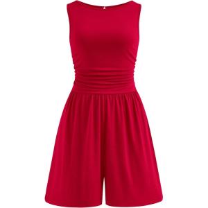 PRETTYGARDEN Summer Rompers for Women 2026 Dressy Casual Sleeveless Short Wide Leg Jumpsuits Beach Vacation One Piece Outfits(Red)