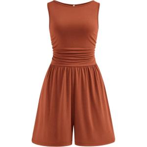 PRETTYGARDEN Summer Rompers for Women 2026 Dressy Casual Sleeveless Short Wide Leg Jumpsuits Beach Vacation One Piece Outfits(Rust)