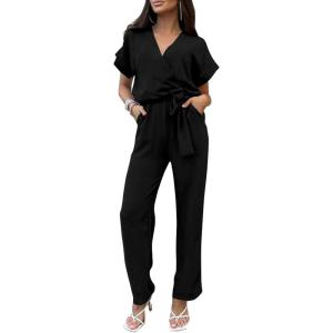 PRETTYGARDEN Women’s One Piece Jumpsuits Dressy Casual Summer Short Sleeve Wrap V Neck Wide Leg Pants Romper Spring Clothes