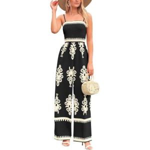 PRETTYGARDEN Women’s Summer Boho Jumpsuits One Piece Beach Vacation Outfits Spaghetti Strap Wide Leg Pants Rompers(Black)
