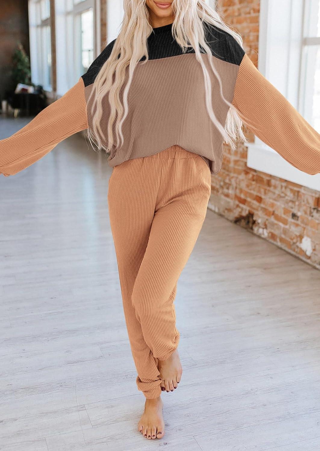 imagePRETTYGARDEN Lounge Sets for Women Fall 2024 Matching Sets 2 Piece Outfit Long Sleeve Ribbed Color Block Sweatsuits