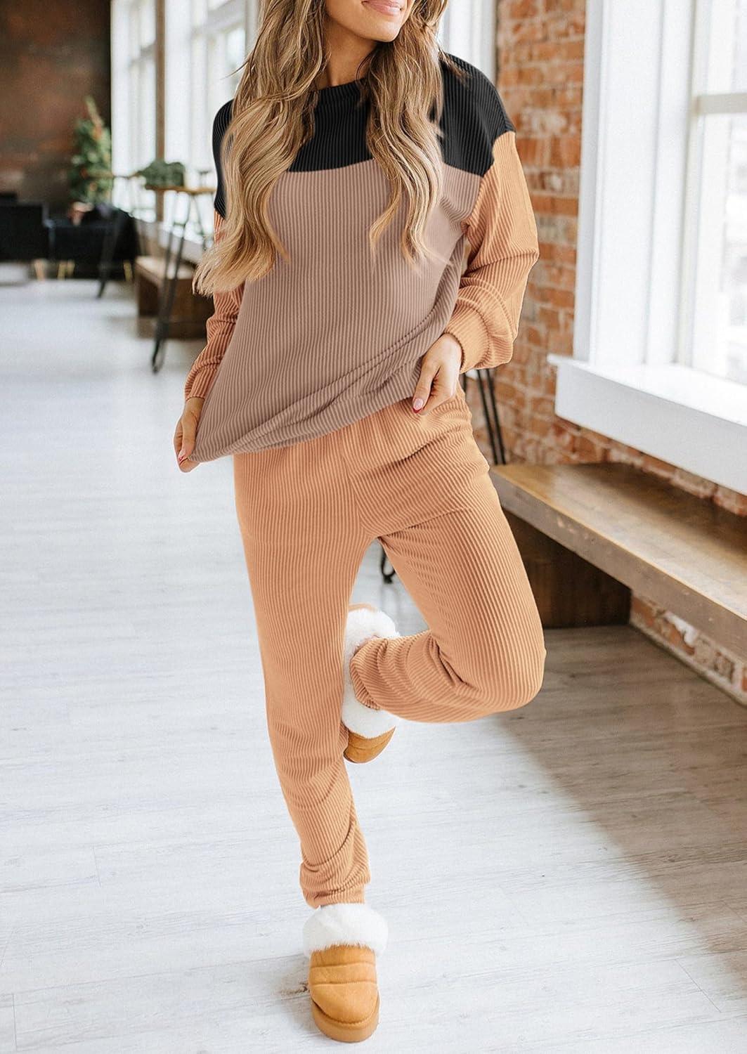 imagePRETTYGARDEN Lounge Sets for Women Fall 2024 Matching Sets 2 Piece Outfit Long Sleeve Ribbed Color Block Sweatsuits