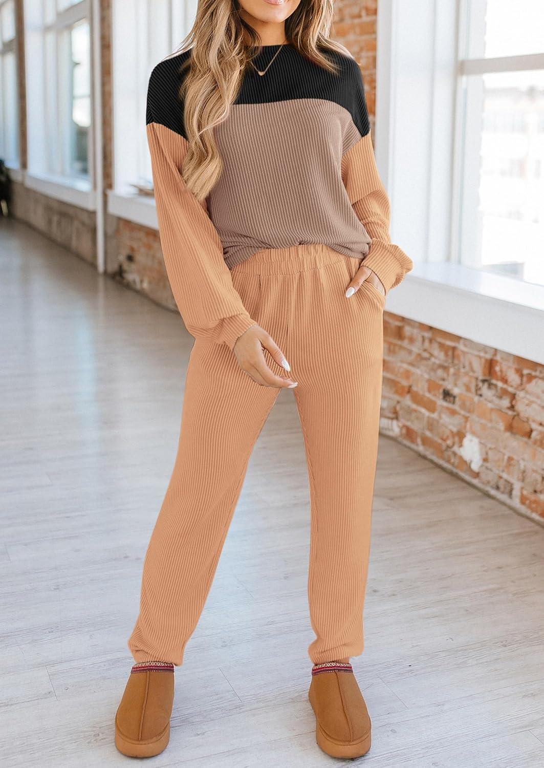 imagePRETTYGARDEN Lounge Sets for Women Fall 2024 Matching Sets 2 Piece Outfit Long Sleeve Ribbed Color Block Sweatsuits