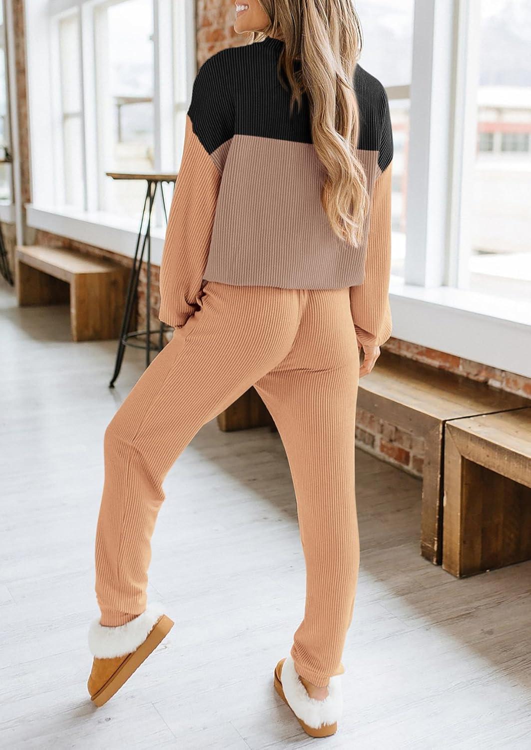 imagePRETTYGARDEN Lounge Sets for Women Fall 2024 Matching Sets 2 Piece Outfit Long Sleeve Ribbed Color Block Sweatsuits