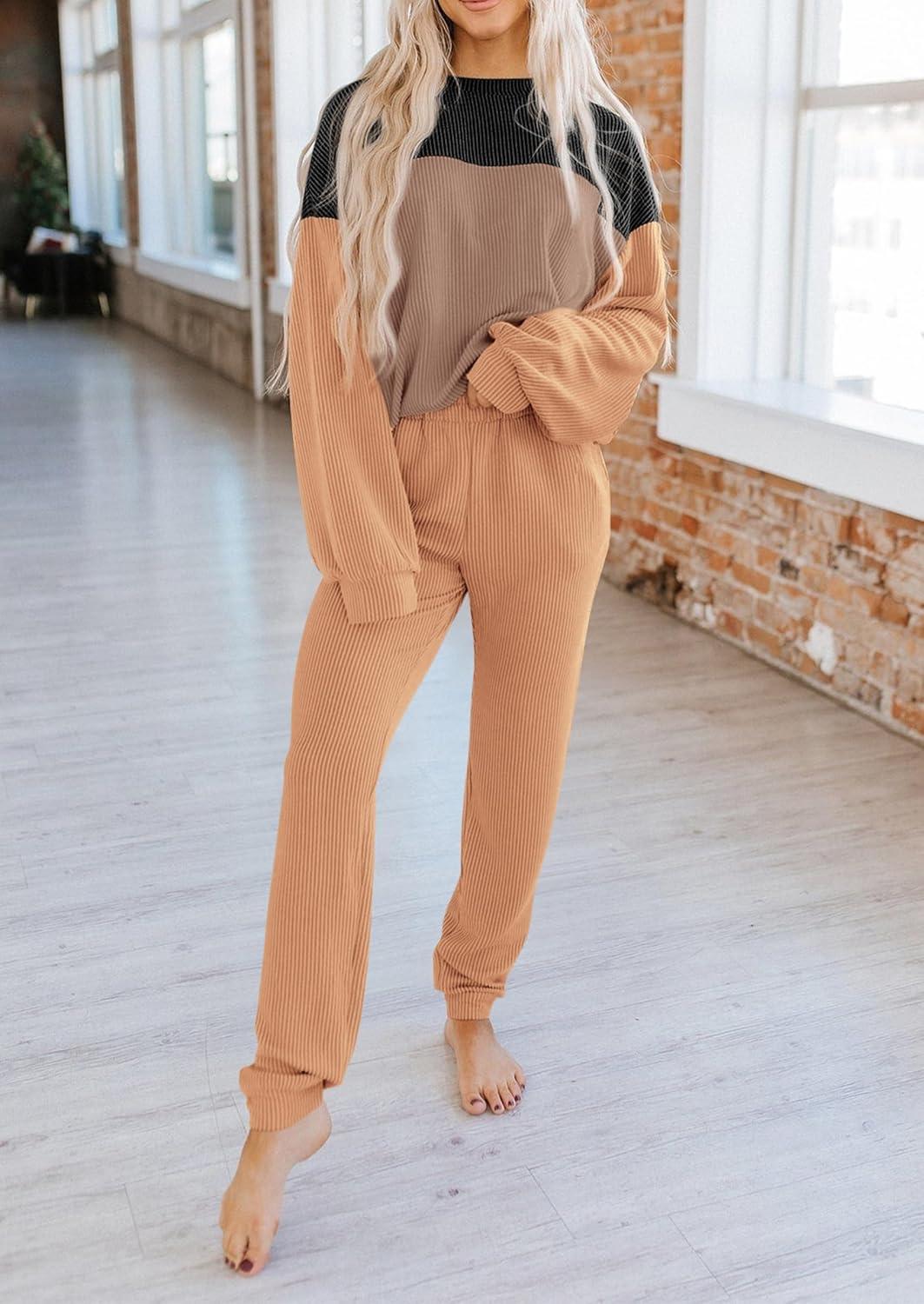 imagePRETTYGARDEN Lounge Sets for Women Fall 2024 Matching Sets 2 Piece Outfit Long Sleeve Ribbed Color Block Sweatsuits