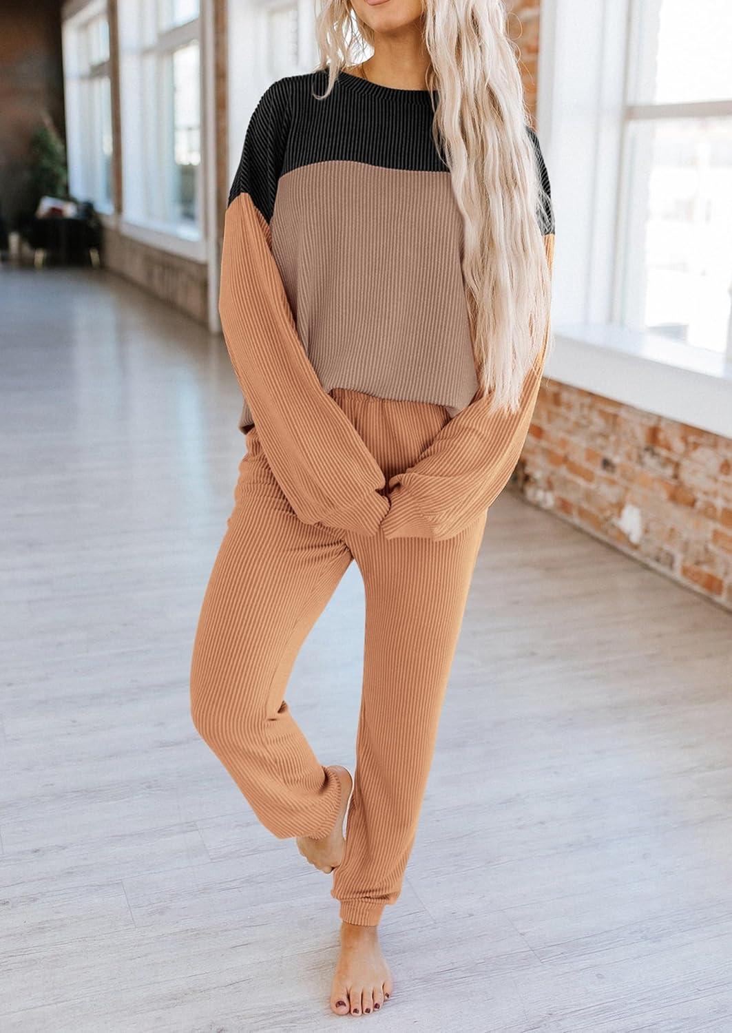 imagePRETTYGARDEN Lounge Sets for Women Fall 2024 Matching Sets 2 Piece Outfit Long Sleeve Ribbed Color Block Sweatsuits