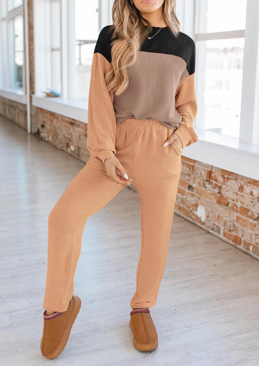 imagePRETTYGARDEN Lounge Sets for Women Fall 2024 Matching Sets 2 Piece Outfit Long Sleeve Ribbed Color Block Sweatsuits