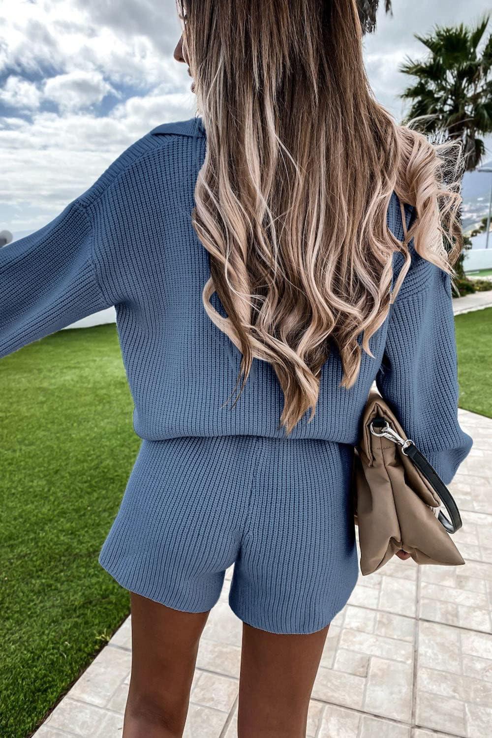 imagePRETTYGARDEN Womens 2 Piece Outfits 2024 Winter Long Sleeve V Neck Knit Pullover And Shorts Sweater Tracksuit Sets Grey BlueMedium