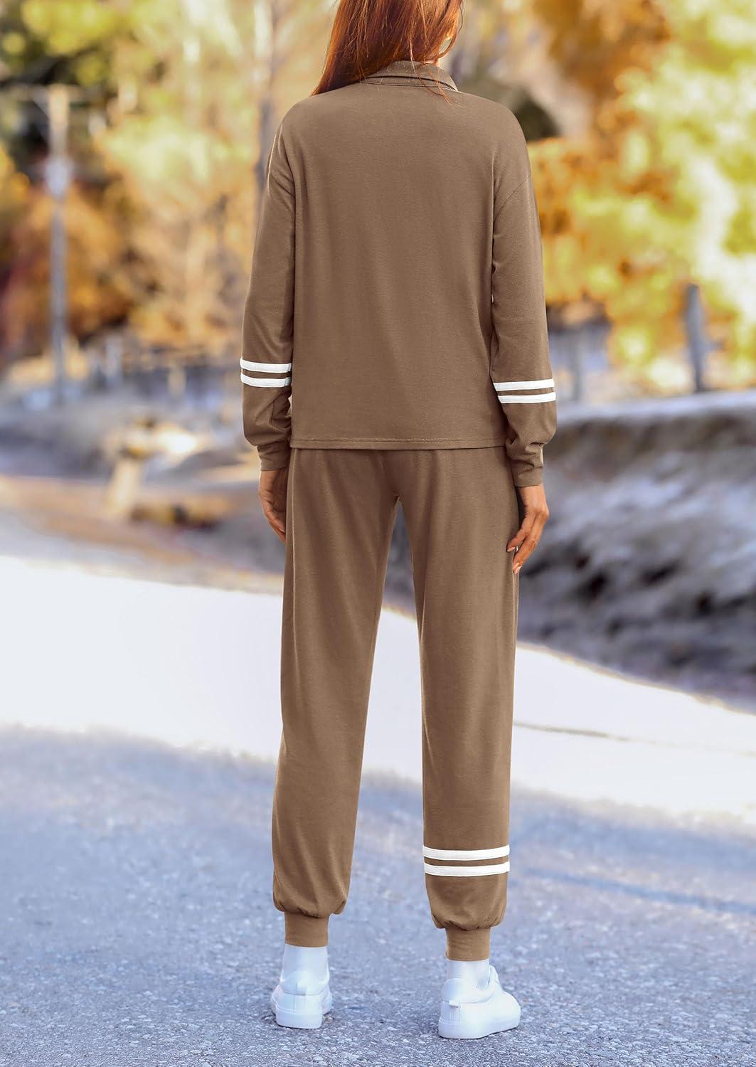 imagePRETTYGARDEN Womens 2 Piece Outfits Fall Fashion 2024 Striped 14 Zip Pullover Tops Long Sweatpants Tracksuit Sets Dark KhakiMedium