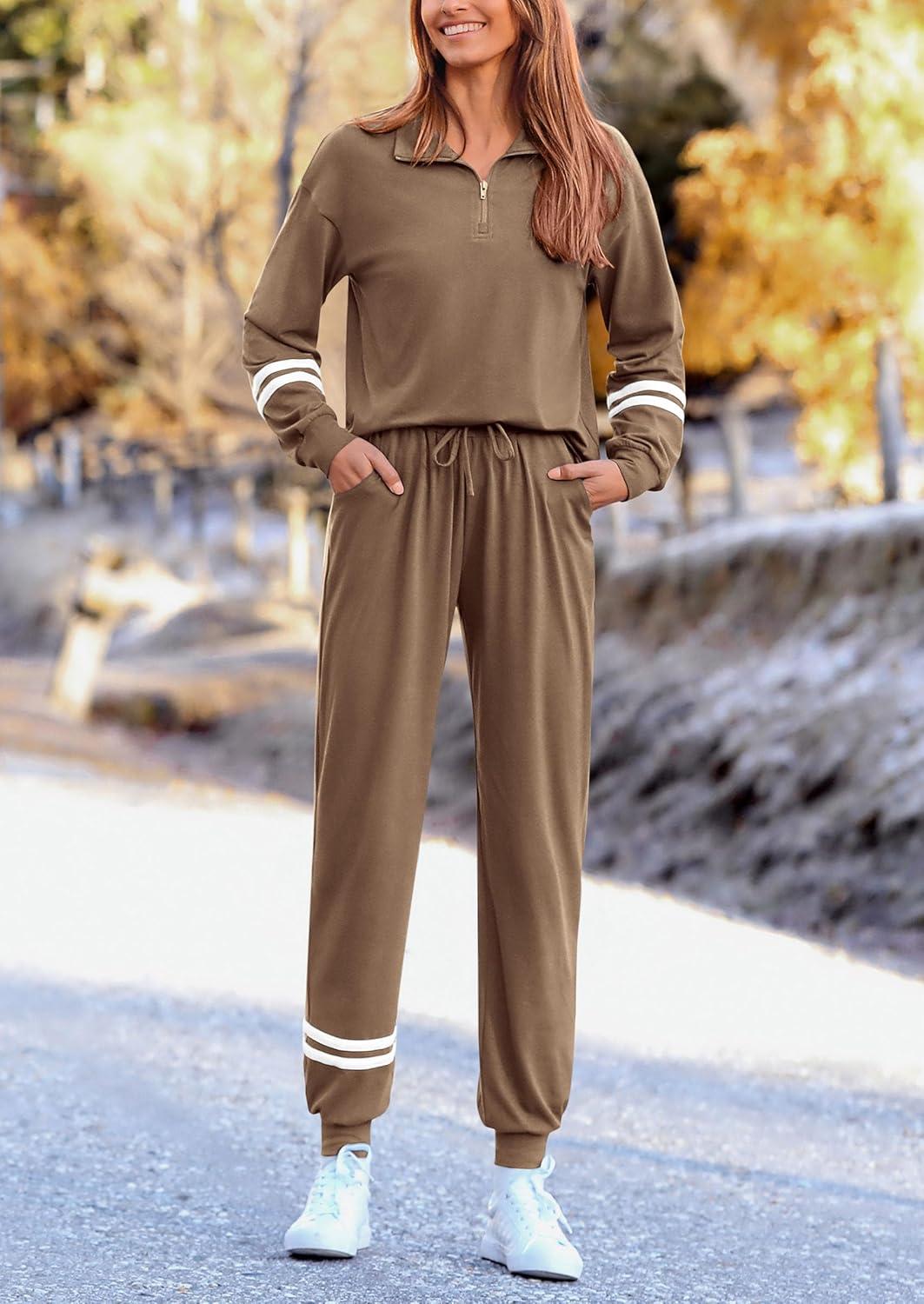 imagePRETTYGARDEN Womens 2 Piece Outfits Fall Fashion 2024 Striped 14 Zip Pullover Tops Long Sweatpants Tracksuit Sets Dark KhakiMedium